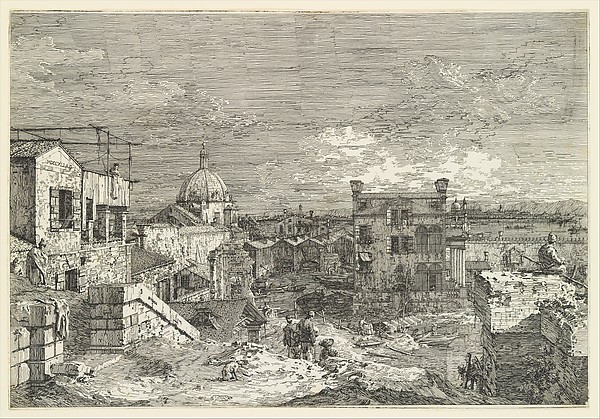 Canaletto etching, an imaginary view of Venice with houses, boats and a domed church