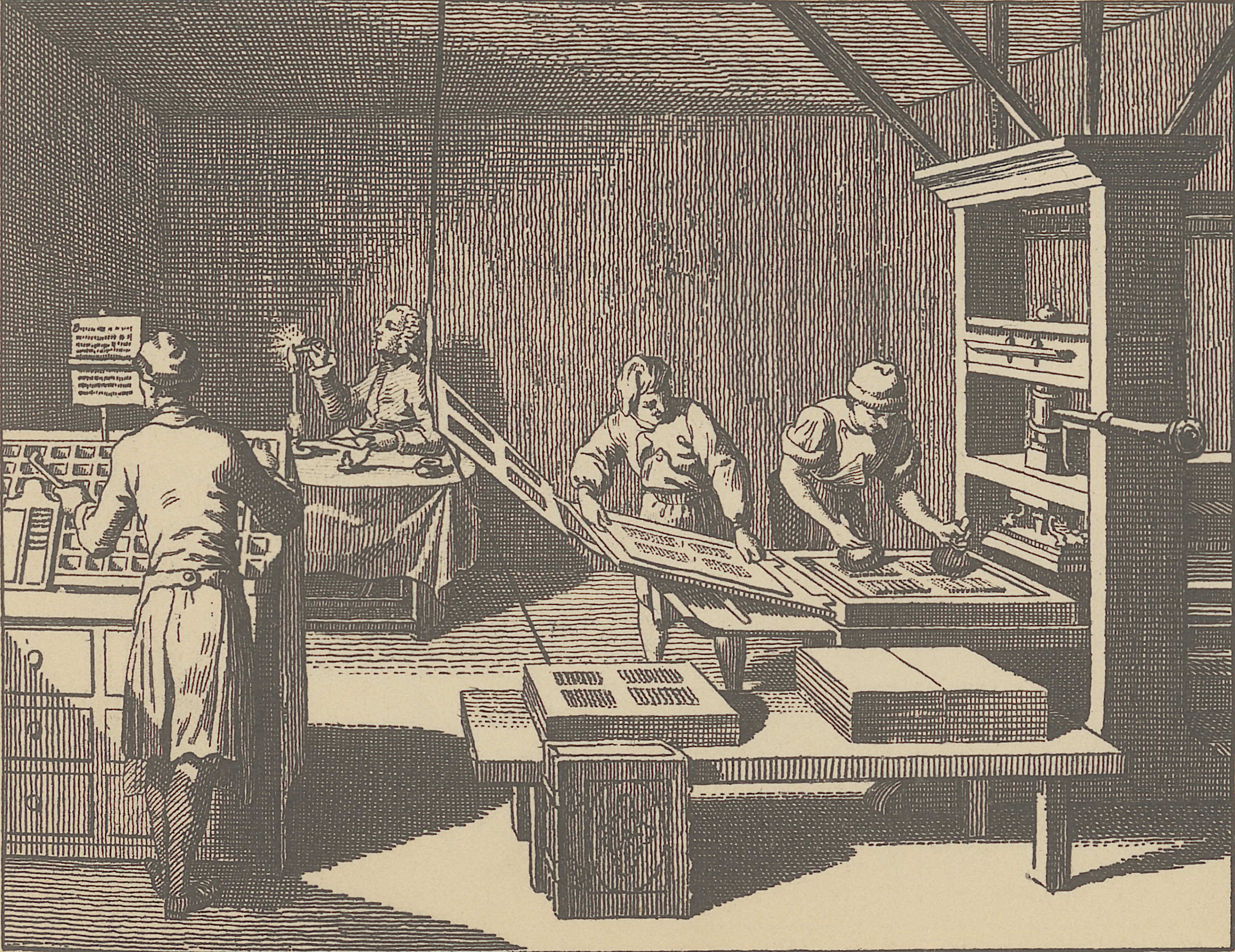 Chodowiecki etching of a printing house interior with figures at the press